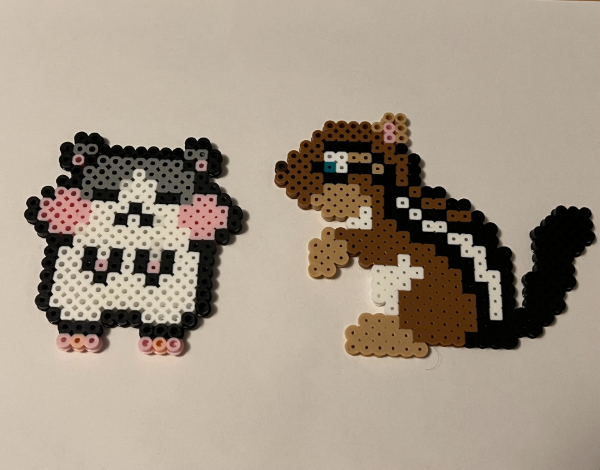 A hamster and chipmunk made out of perler beads.